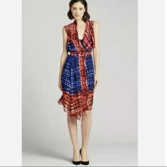 BCBGMAXAZRIA Isla Silk Persian Red Asymmetrical Self Tie Sleeveless Wrap Dress - Picture 11 of 12